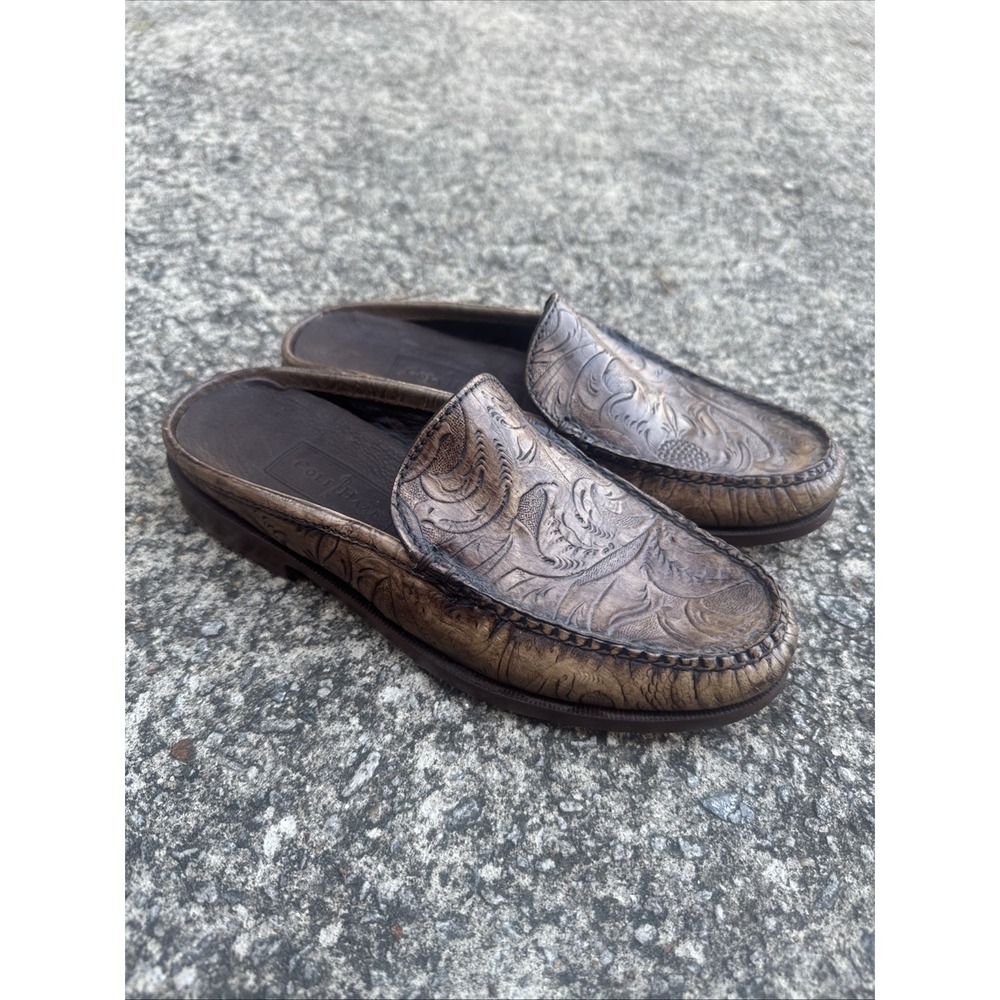 Cole Haan Western Elkins Women's 5.5 B Tooled Brown Leather Slip On Mules Loafer
